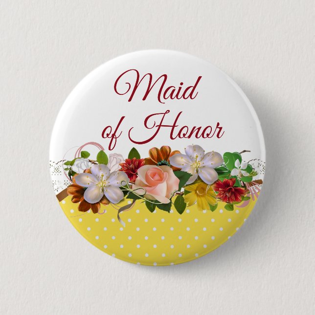 Maid of Honor Floral Bouquet Wedding Button (Front)