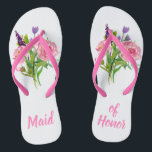 Maid of Honor Floral Bouquet Wedding Flip Flops<br><div class="desc">Pretty pink and white maid of honor's flip flops with graphics of watercolor floral bouquets on each slipper.  Maid of Honor done in pink text is fully customizable to suit your needs.</div>
