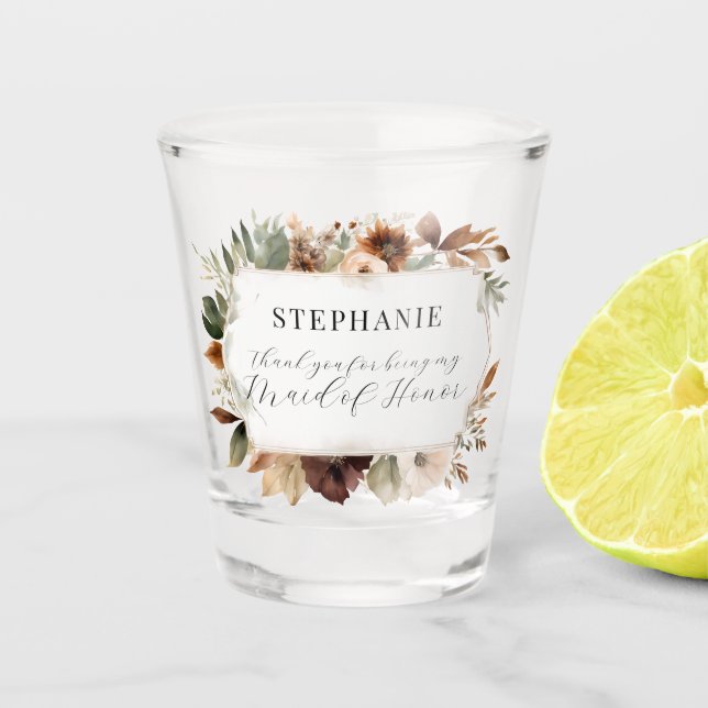 Maid of Honor Floral Fall Autumn Foliage Wedding Shot Glass (Front)