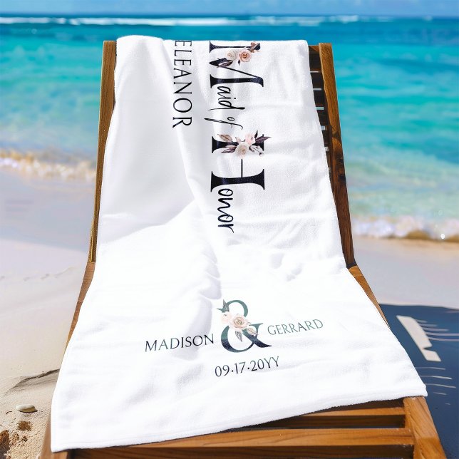 Maid of Honor Floral Letter Bachelorette Weekend Beach Towel (Bridal Party gift to personalize for your Maid of Honor)