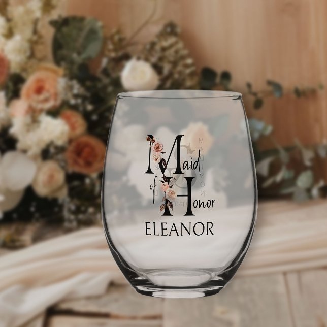 Maid of Honor Floral Letter Bridal Party Wedding Stemless Wine Glass (Bridal party gift to personalize for your Maid of Honor)