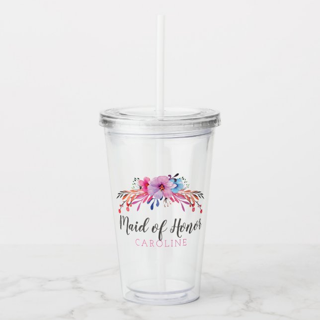 Maid Of Honor Floral Personalized Acrylic Tumbler (Front)