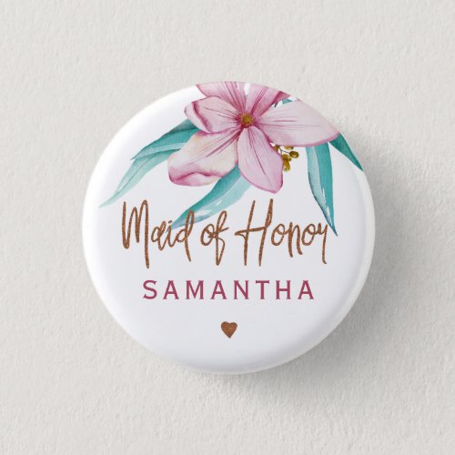 Maid of honor floral pink copper bridal shower button