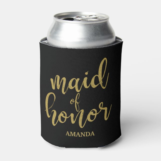 Maid of Honor Gold and Black Glitter Bachelorette Can Cooler (Can Front)
