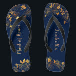 Maid of Honor Gold Foliage Navy Blue Flip Flops<br><div class="desc">These gorgeous gold foliage navy blue maid of honor flip flops have a dark blue background that is adorned with an intricate gold floral greenery pattern and customizable modern typography. The combination of the rich navy and the shimmering gold create an elegant and luxurious aesthetic. It's a beautiful gift for...</div>