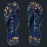 Maid of Honor Gold Foliage Navy Blue Flip Flops<br><div class="desc">These gorgeous gold foliage navy blue maid of honor flip flops have a dark blue background that is adorned with an intricate gold floral greenery pattern and customizable modern typography. The combination of the rich navy and the shimmering gold create an elegant and luxurious aesthetic. It's a beautiful gift for...</div>