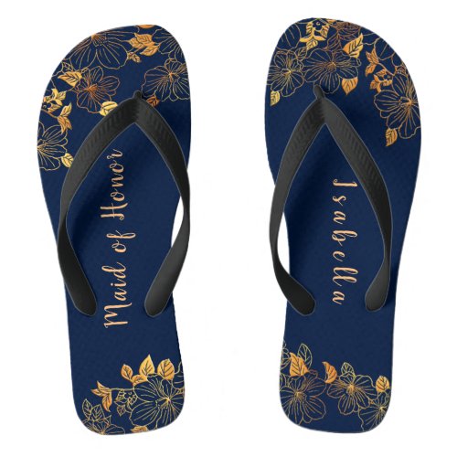 Maid of Honor Gold Foliage Navy Blue Flip Flops