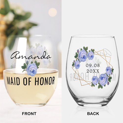 Maid of Honor Gold Glitter Geo Blue Floral Wedding Stemless Wine Glass