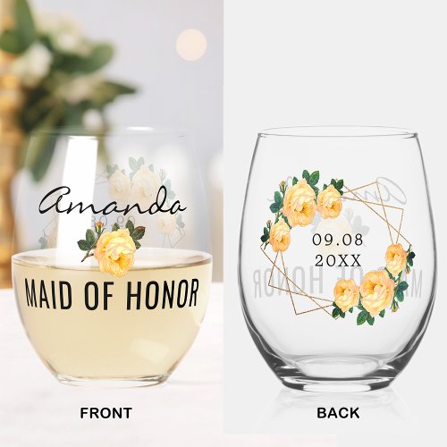 Maid of Honor Gold Glitter Geo Orange Floral Wed Stemless Wine Glass