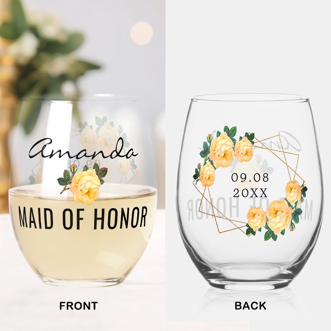 Maid of Honor Gold Glitter Geo Orange Floral Wed Stemless Wine Glass (Maid of Honor Gold Glitter Geo Blue Floral Wedding Stemless Wine Glass)