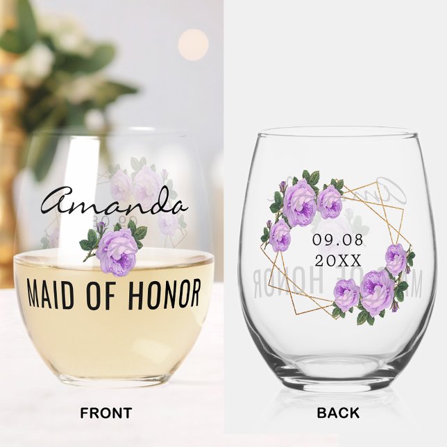 Maid of Honor Gold Glitter Geo Purple Floral Wed Stemless Wine Glass (Maid of Honor Gold Glitter Geo Blue Floral Wedding Stemless Wine Glass)