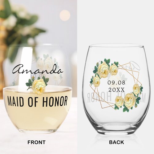 Maid of Honor Gold Glitter Geo Yellow Floral Wed Stemless Wine Glass
