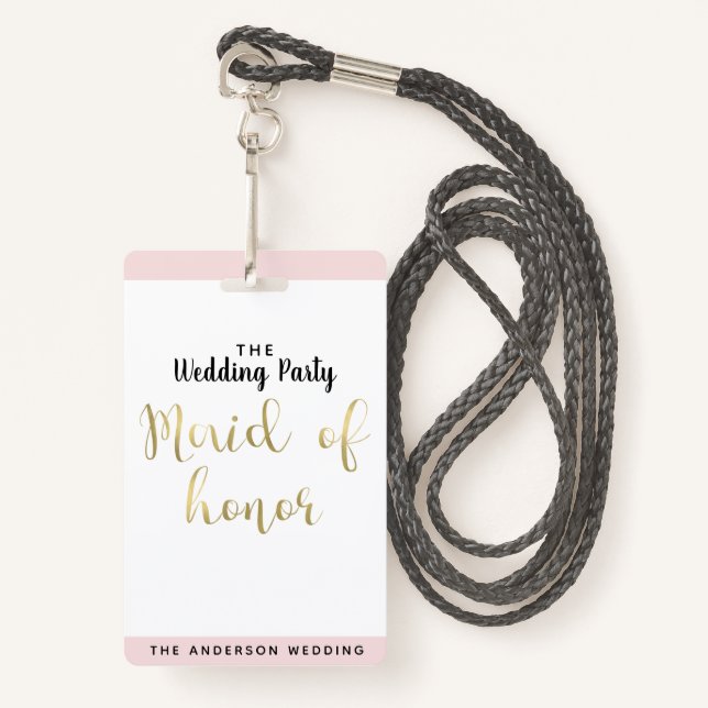Maid of Honor Gold Wedding Party VIP Pass Badge (Front with Lanyard)