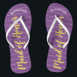 Maid of Honor Golden Yellow and Purple Flip Flops<br><div class="desc">Golden Yellow White Stripes Pattern - Change to Any Color by clicking customize. And say anything you want. Make these one of a kind flip flops that have YOUR message on them. Be the talk of the beach! Personalized with your name or whatever and title or your text here. You...</div>