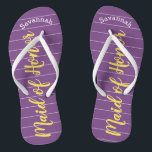 Maid of Honor Golden Yellow and Purple Flip Flops<br><div class="desc">Golden Yellow White Stripes Pattern - Change to Any Color by clicking customize. And say anything you want. Make these one of a kind flip flops that have YOUR message on them. Be the talk of the beach! Personalized with your name or whatever and title or your text here. You...</div>