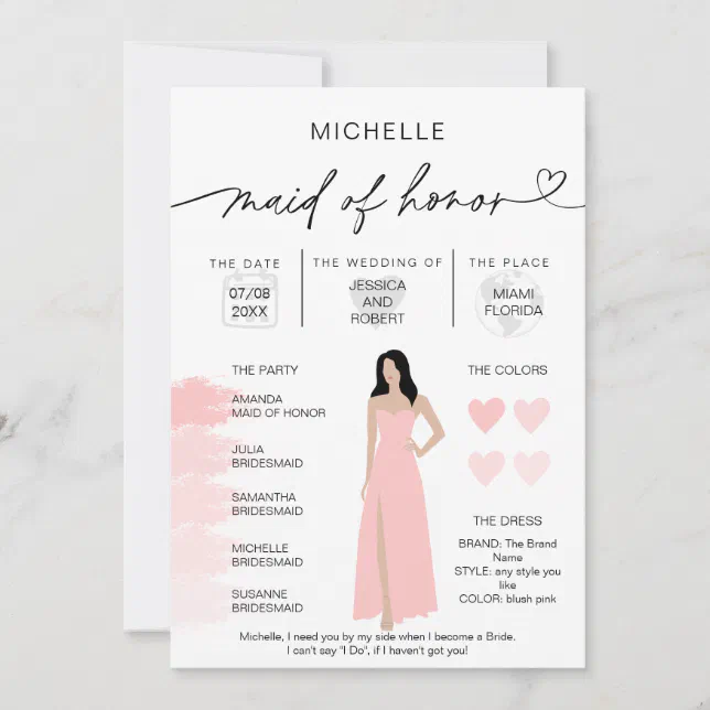 Maid of Honor Info Blush Pink Palette Infographic Invitation | Zazzle