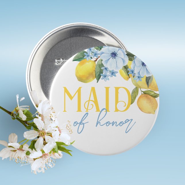 Maid of Honor Lemon Bridal Shower Pin on Button (Lemon Bridal Shower Pin on Buttons for Your Special Guests of Honor Such as Grandma's, Mom's & More)