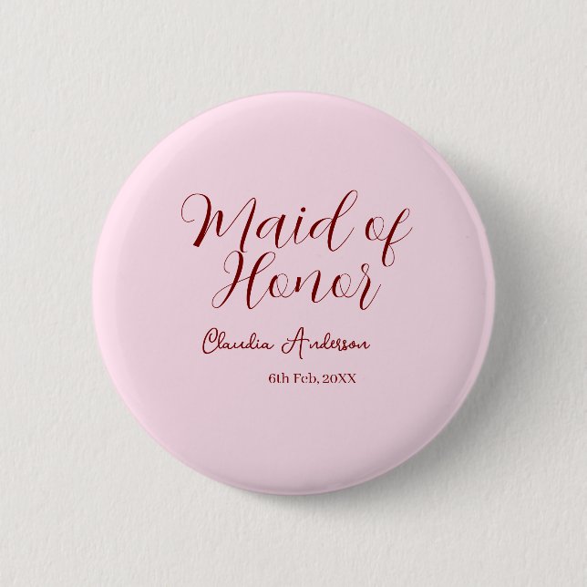 Maid of honor mauve name date pink pastel brides button (Front)