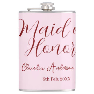 Maid of honor mauve name date pink pastel brides flask