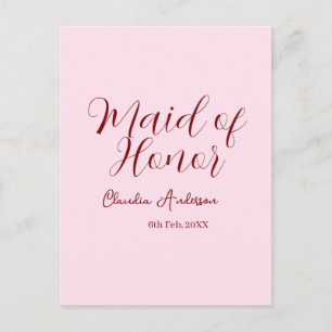 Maid of honor mauve name date pink pastel brides postcard