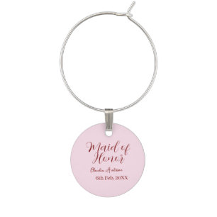 Maid of honor mauve name date pink pastel brides wine charm