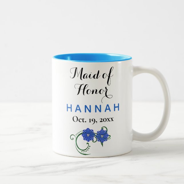 Maid of Honor Modern Typography Blue Wedding Two-Tone Coffee Mug (Right)