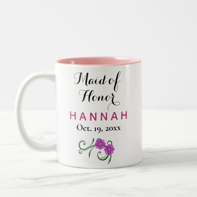 Maid of Honor Modern Typography Pink Wedding Two-Tone Coffee Mug (Left)