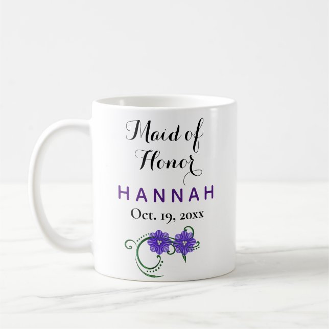 Maid of Honor Modern Typography Purple Wedding Coffee Mug (Left)