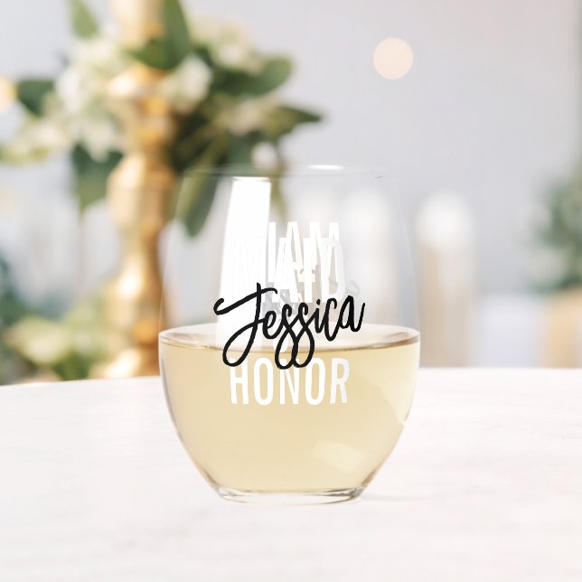 Maid of Honor Monogram Brush Script Stemless Wine Glass (Insitu (Wedding))