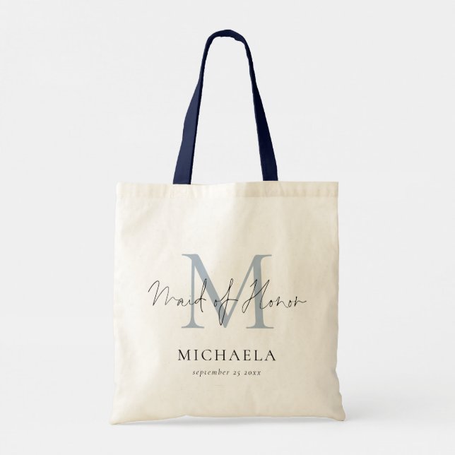 Maid of Honor Monogram Initial Name Script Blue Tote Bag (Back)