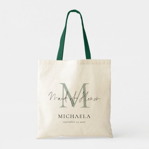 Maid of Honor Monogram Initial Name Script Sage Tote Bag