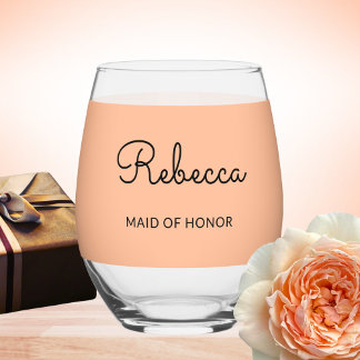 Maid of Honor Monogram Wedding Elegant Chic Peach Stemless Wine Glass