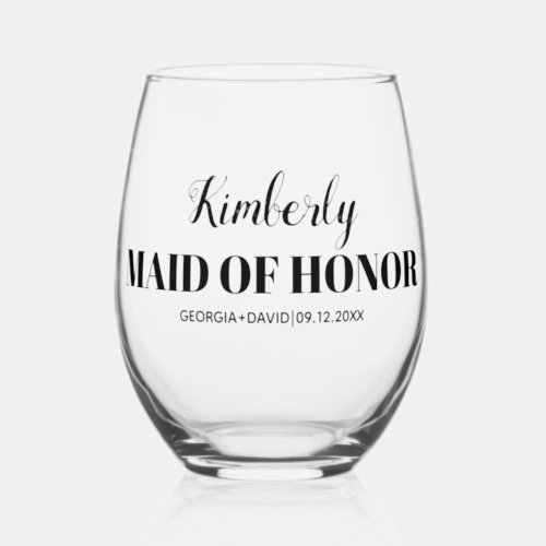 Maid of honor name black  typography wedding stemless wine glass