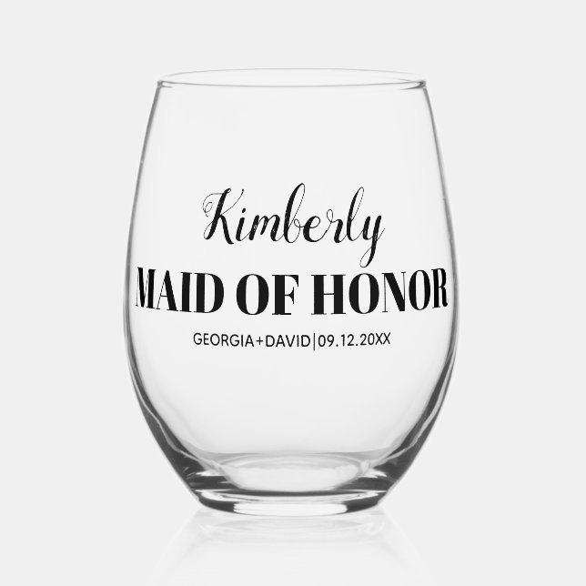 Maid of honor name black  typography wedding stemless wine glass (Front)