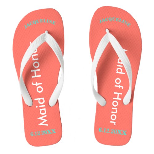 Maid of Honor NAME Coral Flip Flops