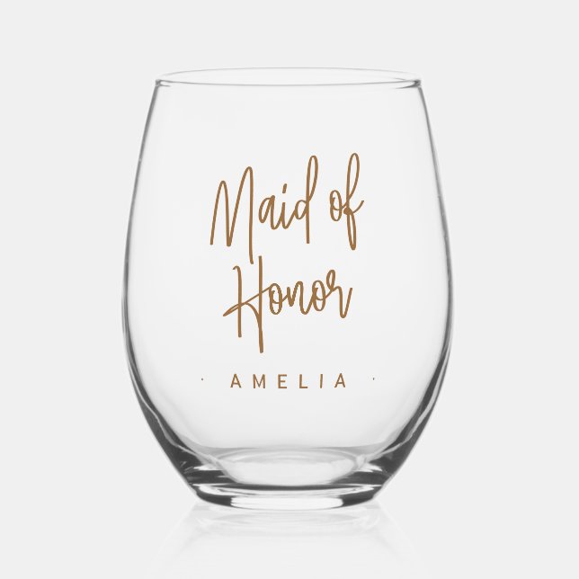Maid of honor name elegant script stemless wine glass (Front)