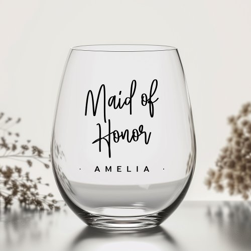 Maid of honor name elegant script stemless wine glass