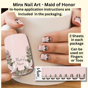 Maid of Honor / Name, Pink Roses & Doves Wedding Minx Nail Art