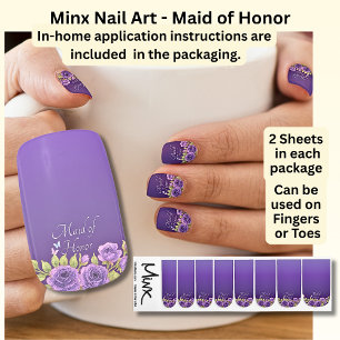 Maid of Honor / Name, Purple Mauve Flowers & White Minx Nail Art