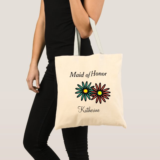 Maid of Honor Name Turquoise Coral Flowers Tote Bag (Front (Product))