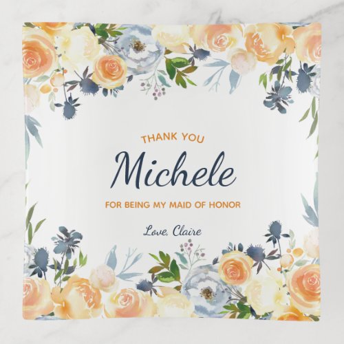 Maid of Honor Navy Blue Coral Floral Thank You Trinket Tray