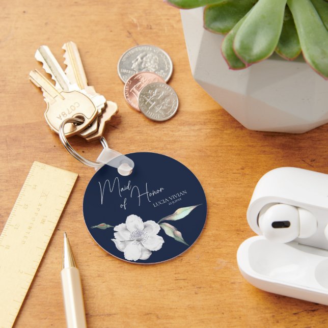 Maid of Honor Navy Blue Floral Wedding Gift Keychain (Desk)
