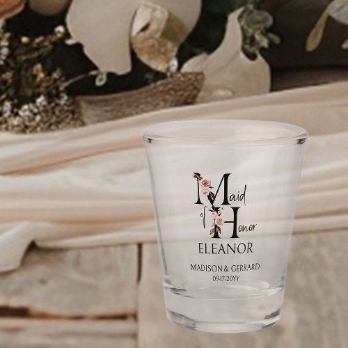 Maid of Honor Neutral Floral Letter Bridal Party Shot Glass