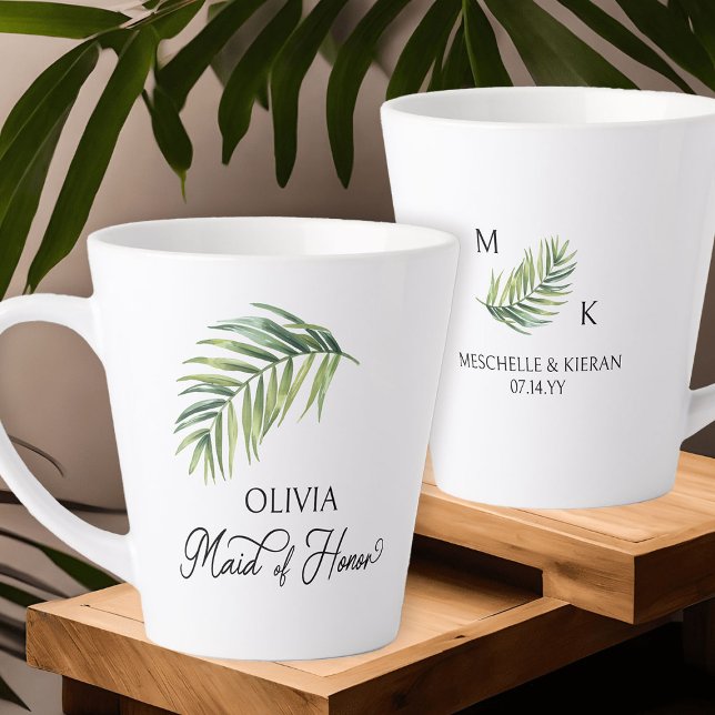 Maid of Honor Palm Leaf Bridal Party Latte Mug (Maid of Honor latte mug with tropical palm leaf and calligraphy)