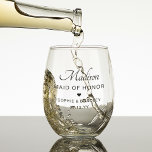 Maid Of Honor Personalised Wedding Party Stemless Wine Glass<br><div class="desc">Maid Of Honor Personalised Name Wedding Party Stemless Wedding Glasses features your Maid Of Honor's name with the bridal couple's names and wedding date accented with a small love heart. Custom made for your bridesmaids. Designed by ©2024 Evco Studio www.zazzle.com/store/evcostudio</div>