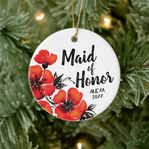 Maid of Honor Personalized Bold Red Poppy Flowers Ceramic Ornament