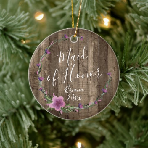 Maid Of Honor Personalized Floral Wreath Farmhouse Ceramic Ornament