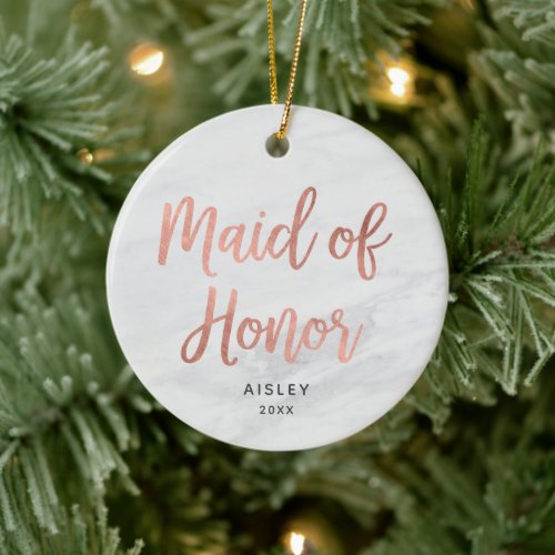 Maid of Honor Personalized Rose Gold Faux Marble Ceramic Ornament