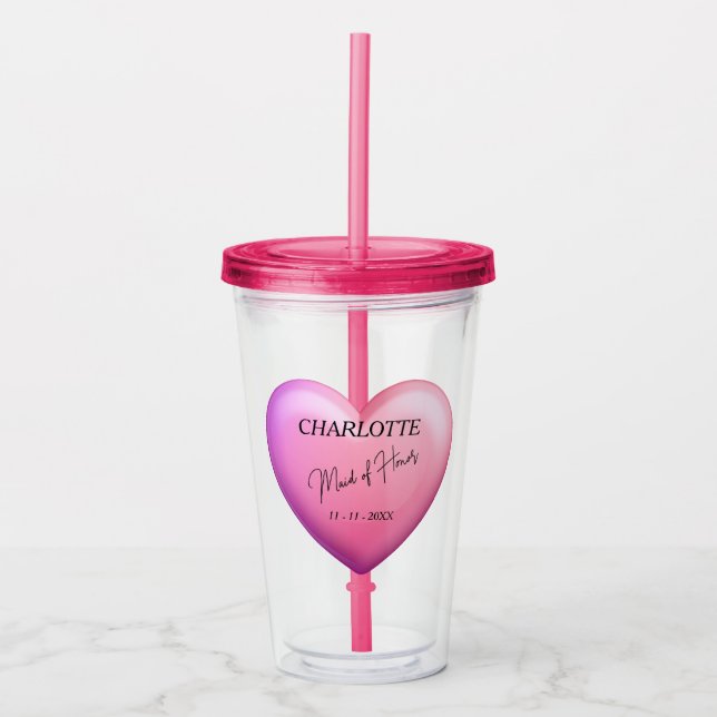 Maid Of Honor Pink Bridal Party Personalized Acrylic Tumbler (Front)