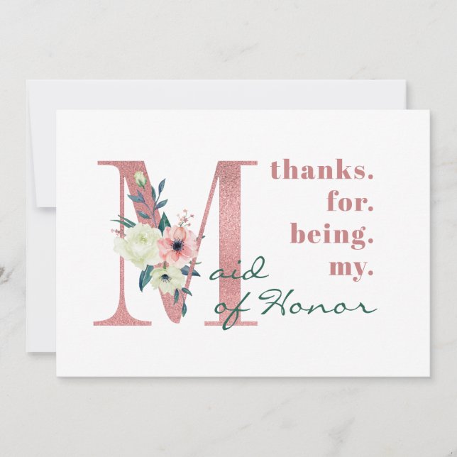 Maid of Honor Pink Floral Letter Wedding Thank You Card (Front)